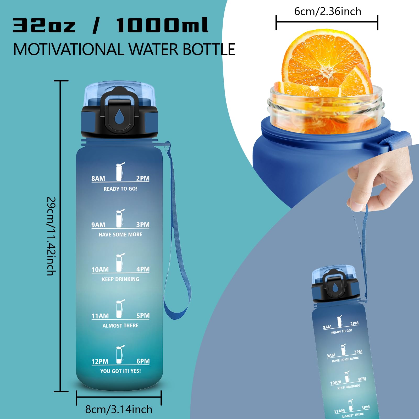 Grsta Borraccia 1 litro, Borraccia con Cannuccia, Senza Perdite, Borraccie Motivazionale, Facile da Pulire, Borracce con Slogan Motivazionale, Bottiglie Acqua per Fitness, Yoga, Escursionismo