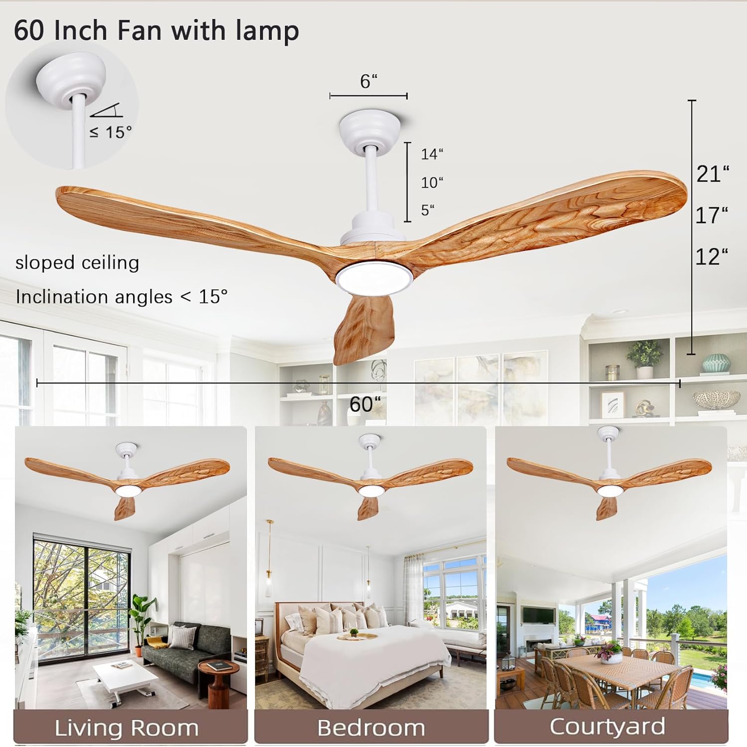 Ceiling Fans with Lights and Remote,60 Inch Unique Wood Ceiling Fan with Noiseless Reversible DC Motor,3 Blades,3 Downrods, for Farmhouse,Patio Living Room, Bedroom, Office,Indoor Outdoor(White+Wood)