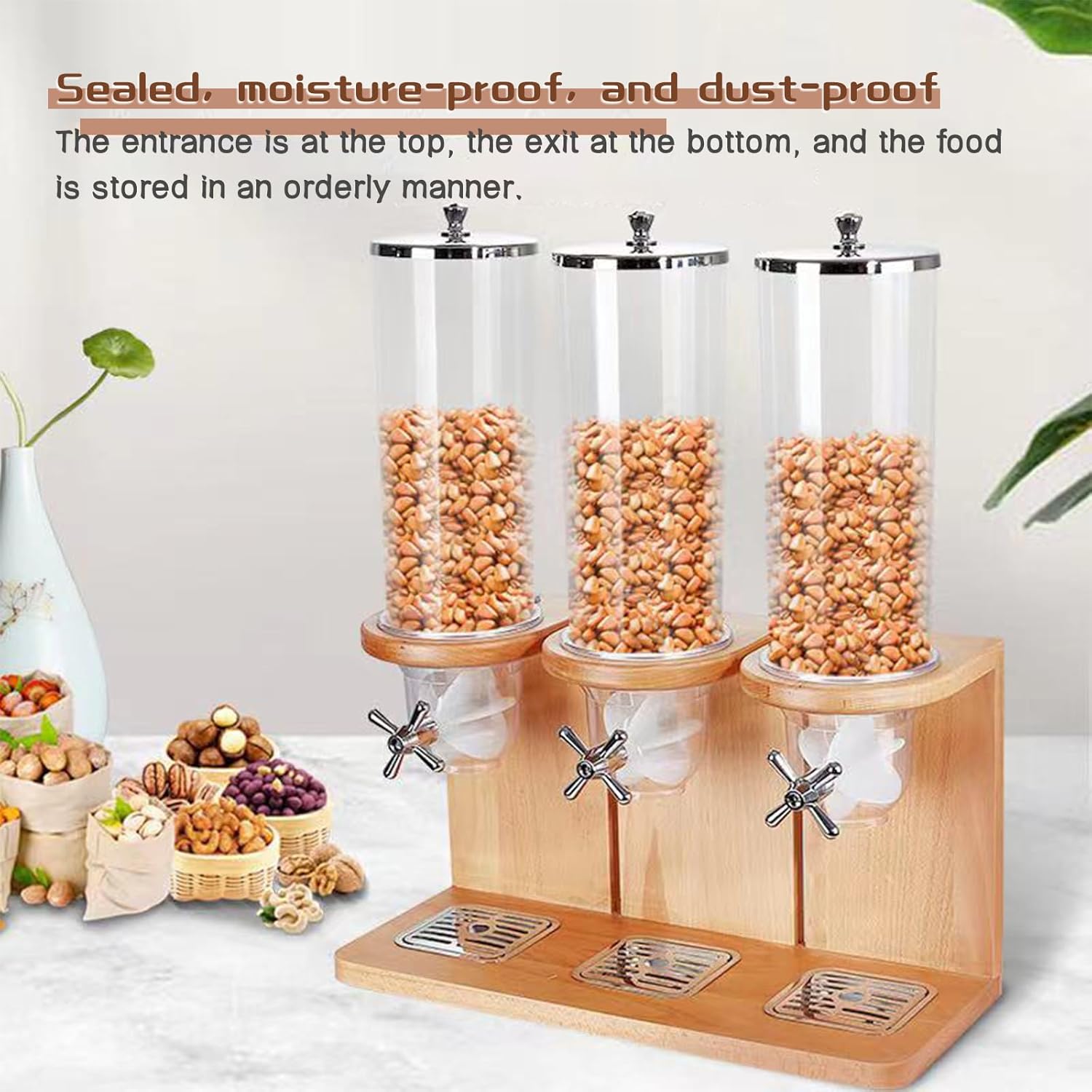 12 Liter Cereal Dispenser Countertop, Wooden base, Rotating Dry Food Dispenser for Cereal, Rice, Grains, Candy, Coffee Beans (Three grids) (Yellow wood, 12L)