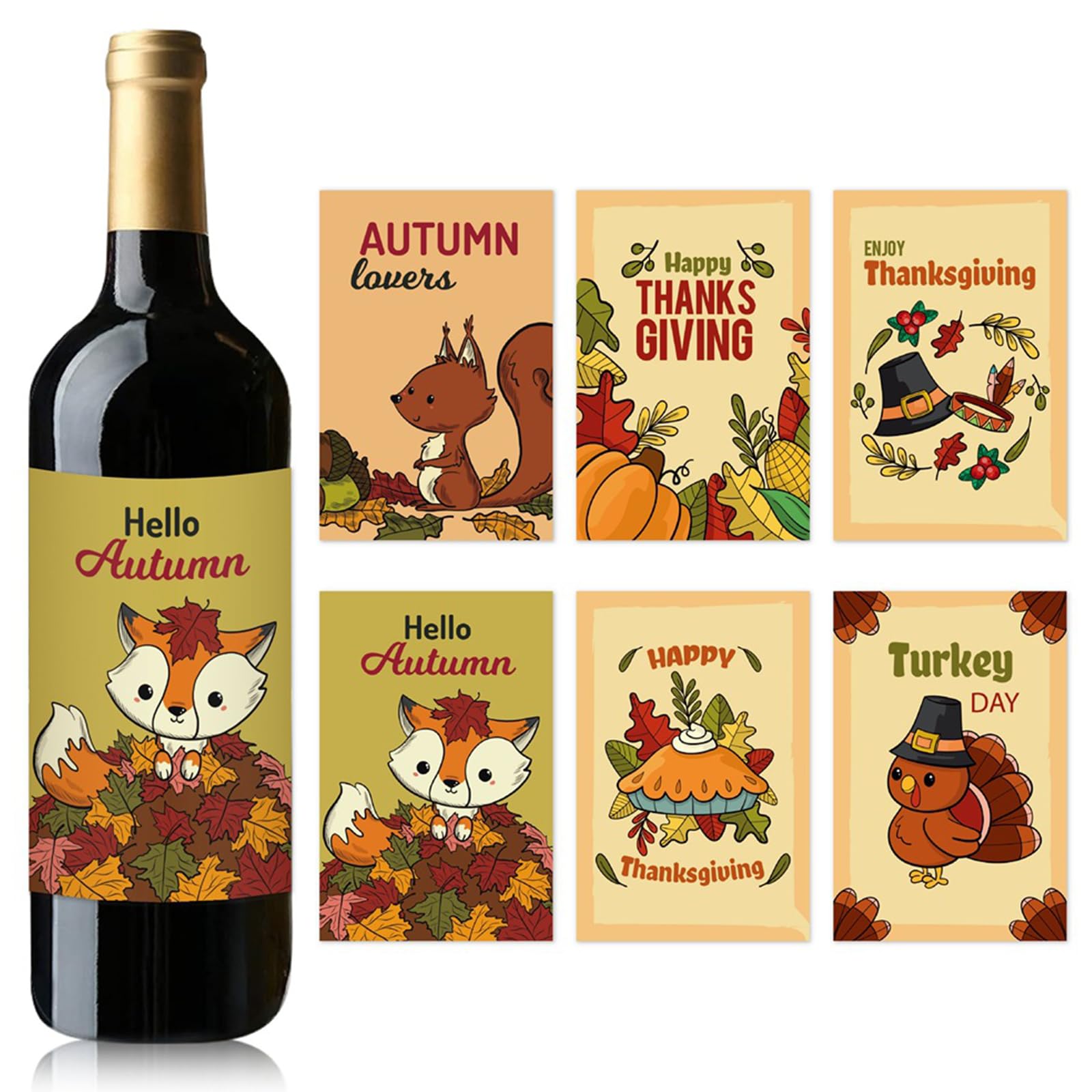 6 Pcs Cute Funny Thanksgiving Squirrel Turkey Wine Bottle Labels Stickers Pumpkin Pie Fox Bottle Labels Waterproof Bottle Stickers for Wine Beer Tasting Supplies for Thanksgiving Fall theme Party