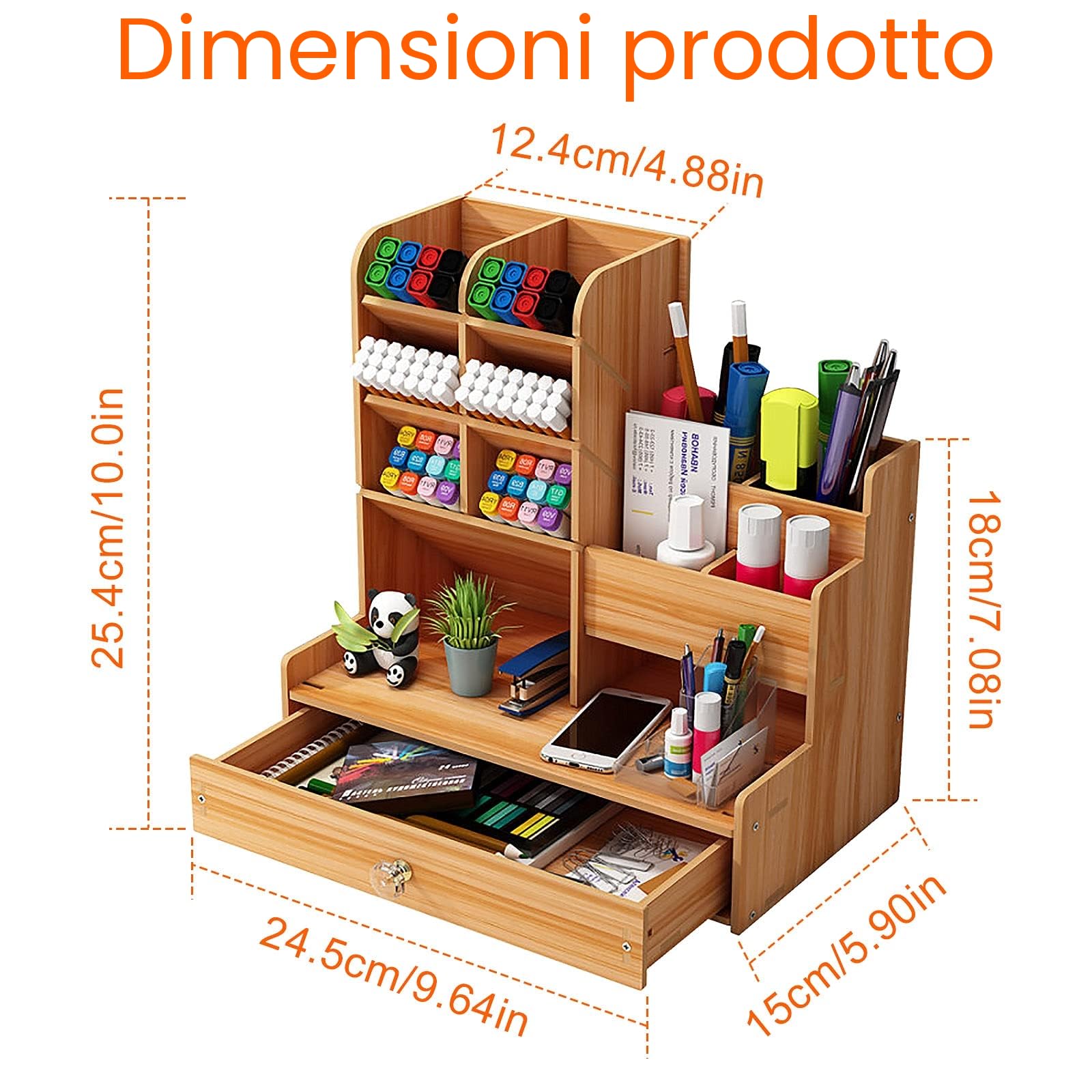Hggzeg Organizer da scrivania in legno fai da te da te per cancelleria, grande capacità, con cassetto per casa, ufficio e scuola (B17 color ciliegia)