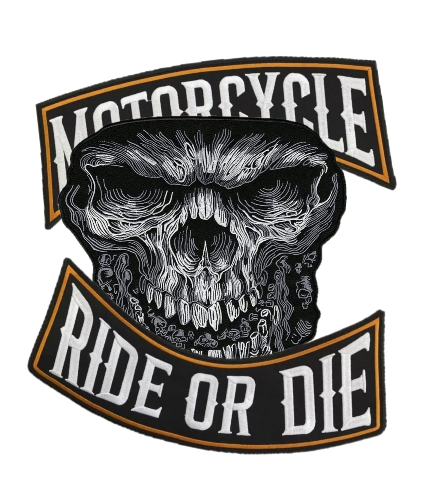 Set 2 Toppe ricamate Biker " Motorcycle | Ride Or Die " + Teschio Malvagio Patch Termoadesive per gilet e giubbotti moto, per decorare giacche, accessori abbigliamento, fai da te. (Set Malvagio)