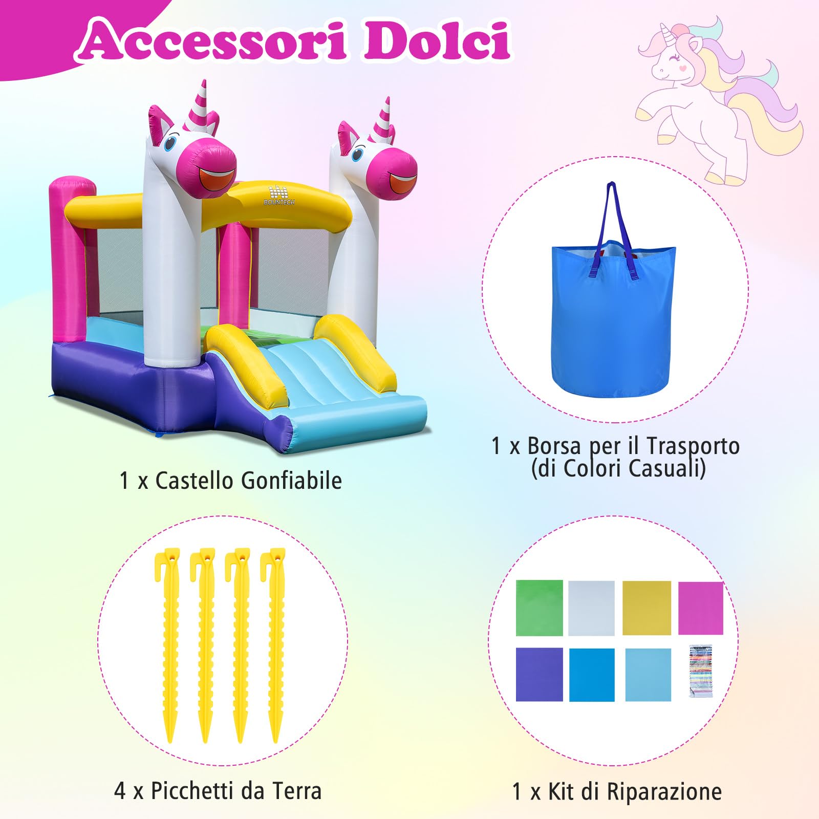 COSTWAY Castello Gonfiabile per Bambini, Casa Gonfiabile Unicorno per bambini con Scivolo e Area Salto, Parco Giochi Gonfiabile da 3-12 Anni, Adatto per Giardino, Esterno e Interno