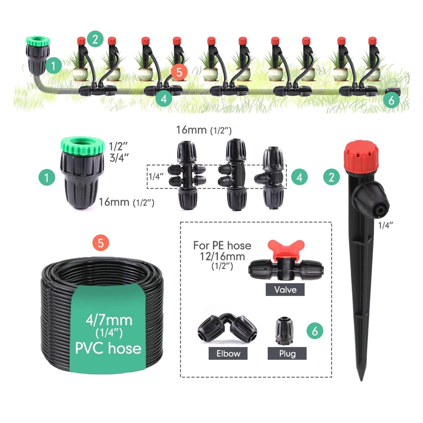 Connettore con bloccaggio da 16 mm for tubo da 4/7 mm Irrigatori con picchetto da 13 cm Kit di irrigazione a goccia for tubo da 1/2 "Ugelli a 8 fori Sistema di irrigazione del giardino(F-1-Way-5M)