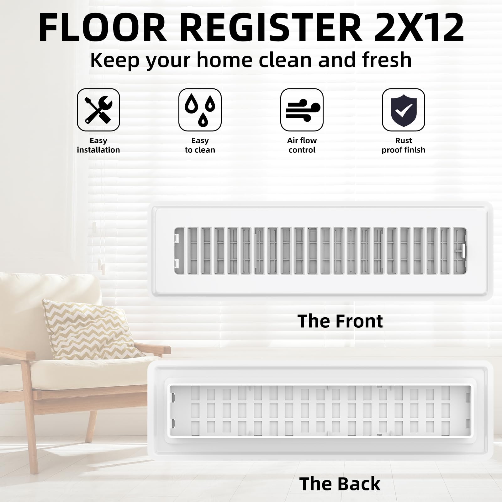 Rejilla de suelo de 2 x 12 pulgadas, paquete de 4 cubiertas de ventilación de piso para el piso del hogar, rejillas de acero resistente, cubiertas de ventilación ajustables de 4 x 10 pulgadas, color