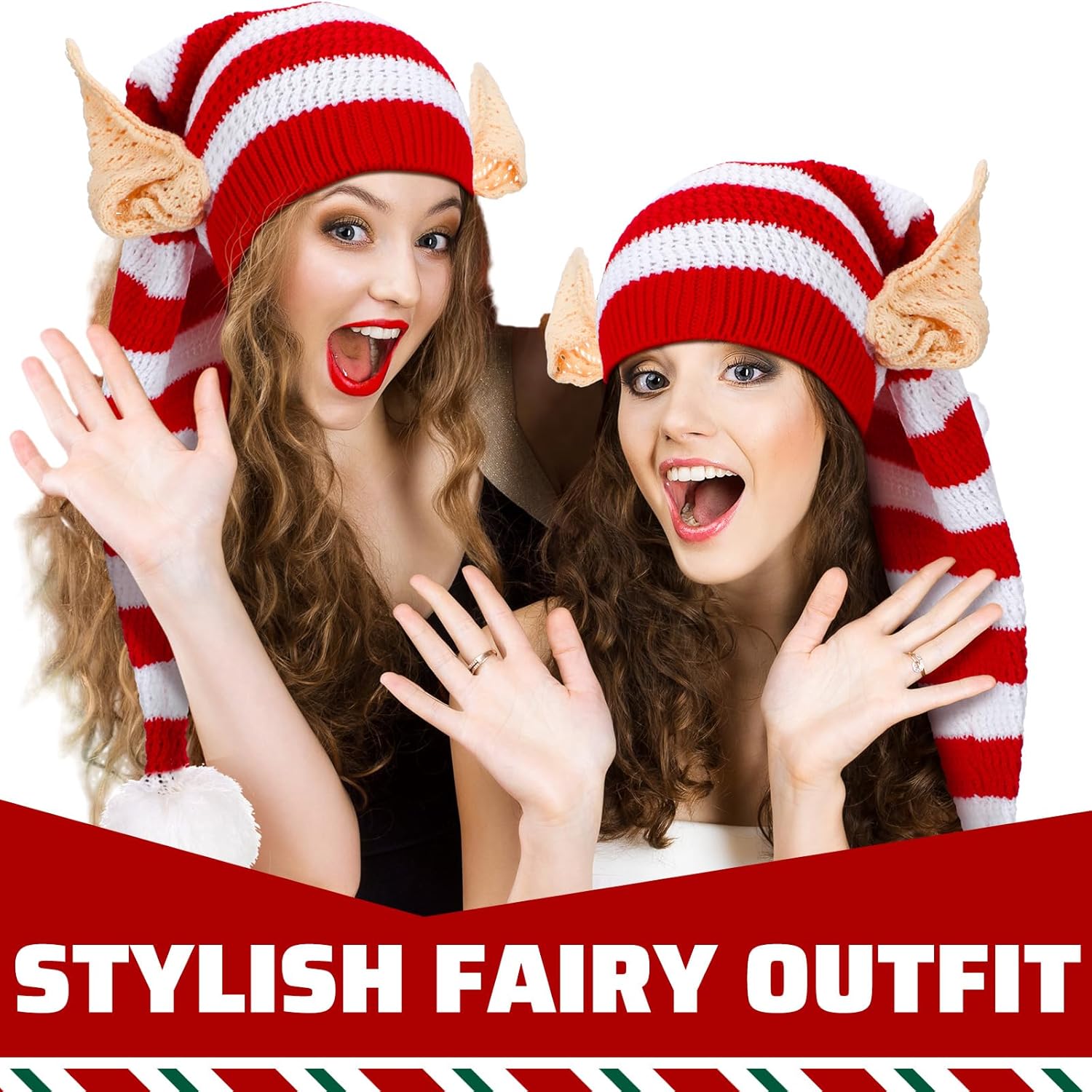 Funtery Christmas Knitted Elf Hats with Ears for Adults Women Men Red and White Elf Beanie Crochet Long Santa Hats Beanie Elf Costume Accessories Ideal for Christmas Celebrations - Image 3