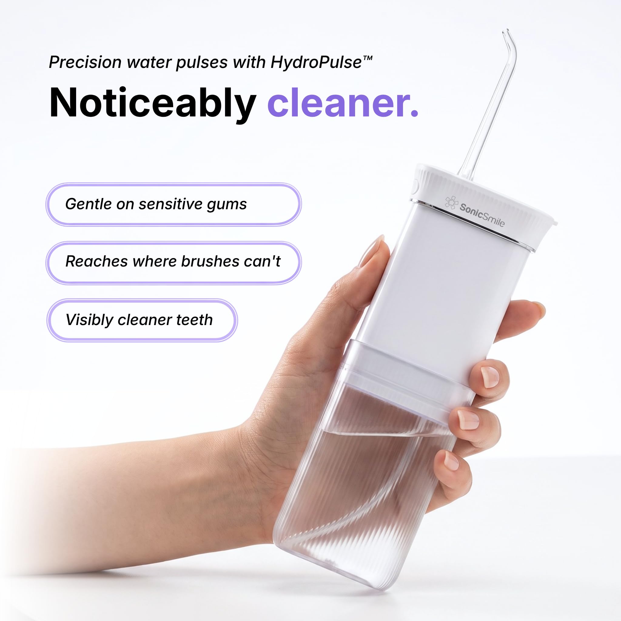 SonicSmile® Sonic - Mini irrigatore orale senza fili e compatto, design telescopico, 4 accessori, pulizia interdentale per viaggiare e a casa