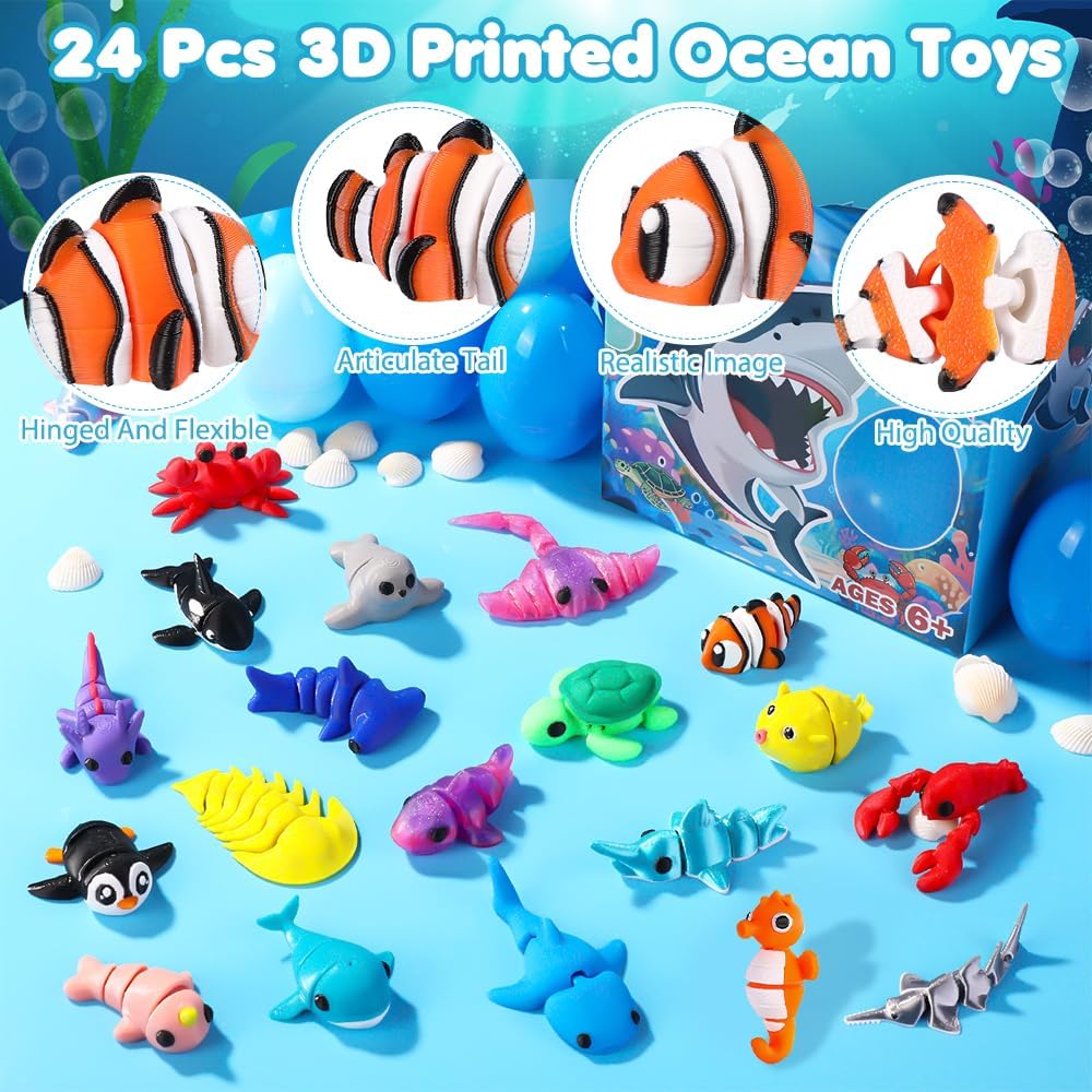 DIYDEC 24個入り イースターエッグ 3Dプリントの動物、ミニ3Dプリントの海の置物ギフトおもちゃ 子供向け イースターバスケ