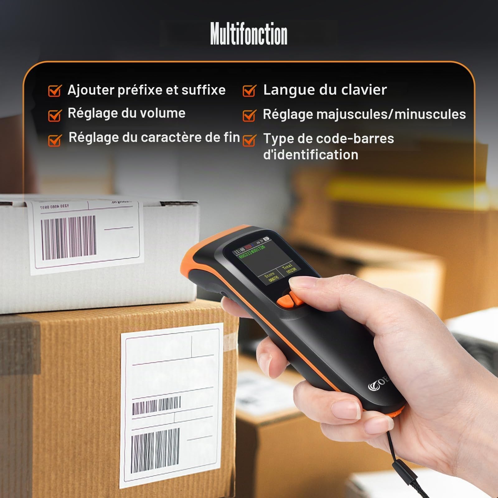 OBZ Lecteur de Codes-Barres sans Fil Grand Écran LCD, Scanner Bluetooth 2.4G/USB, Douchette QR Code 1D/2D, Configuration par Écran et Boutons, Mémoire Hors Ligne pour Inventaire, Magasin, Entrepôt