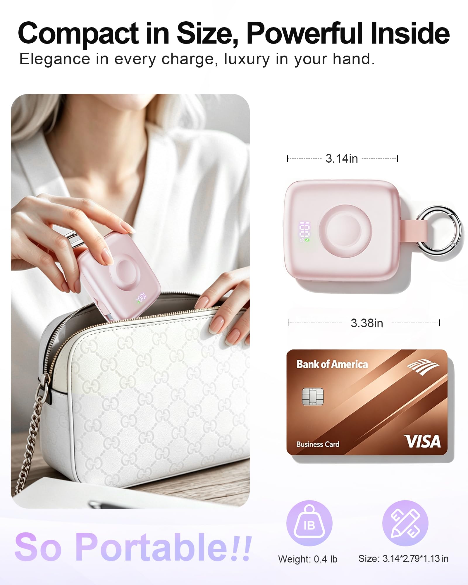 Chargeur portable, 10 000 mAh, 22,5 W maximum, charge rapide avec câbles intégrés, porte-clés de voyage pour iPhone 17/16/15/14/13/12 et iWatch Ultra/11/10/9/8/7/6/5, rose