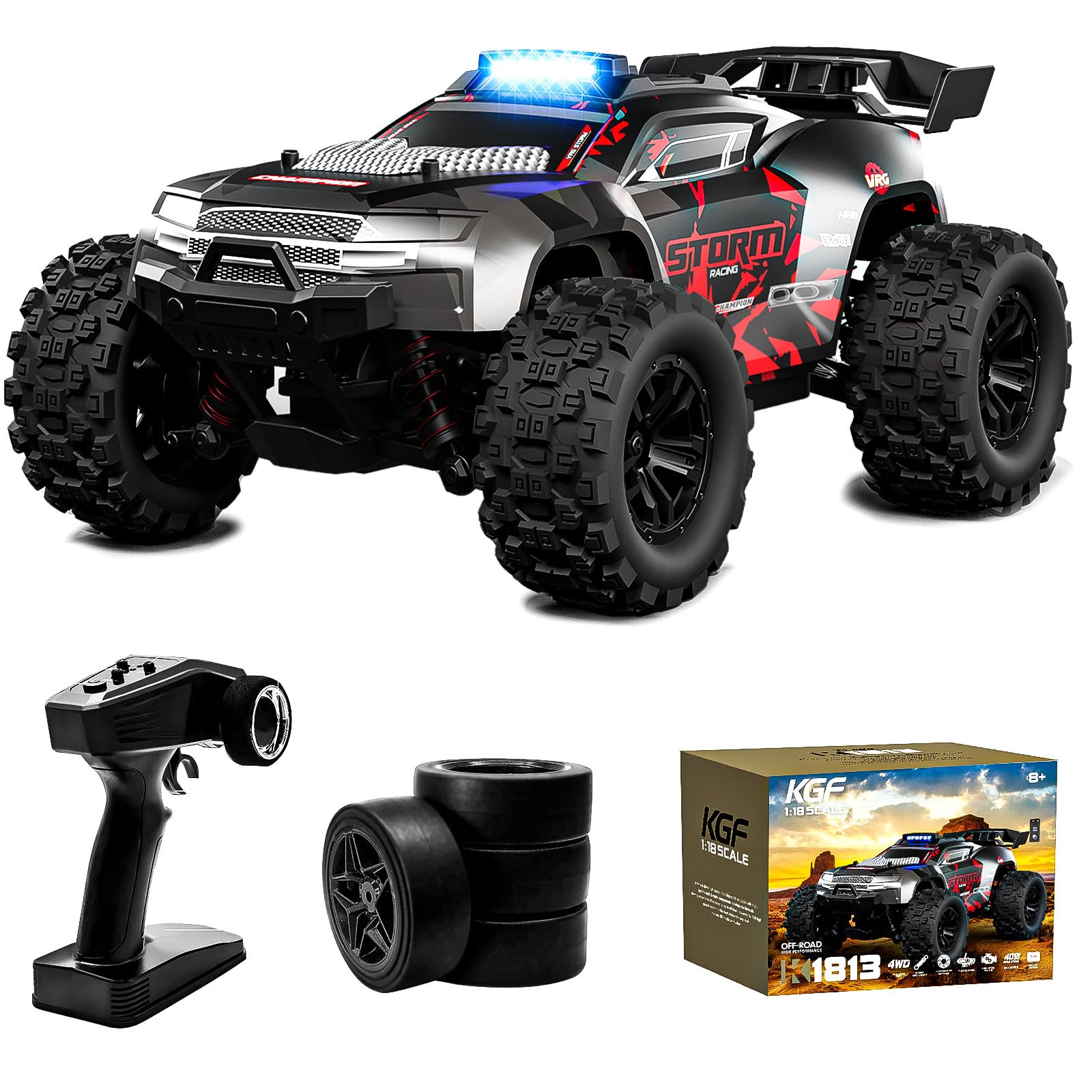 KGF 1:18 Scale All Terrain RC Cars, 40km/h High Speed Remote Control Car, 2.4Ghz RC Car Toys Gifts for Kids and Adults, 4WD Electric Vehicle with 2 Rechargeable Batteries, Off Road Monster Truck