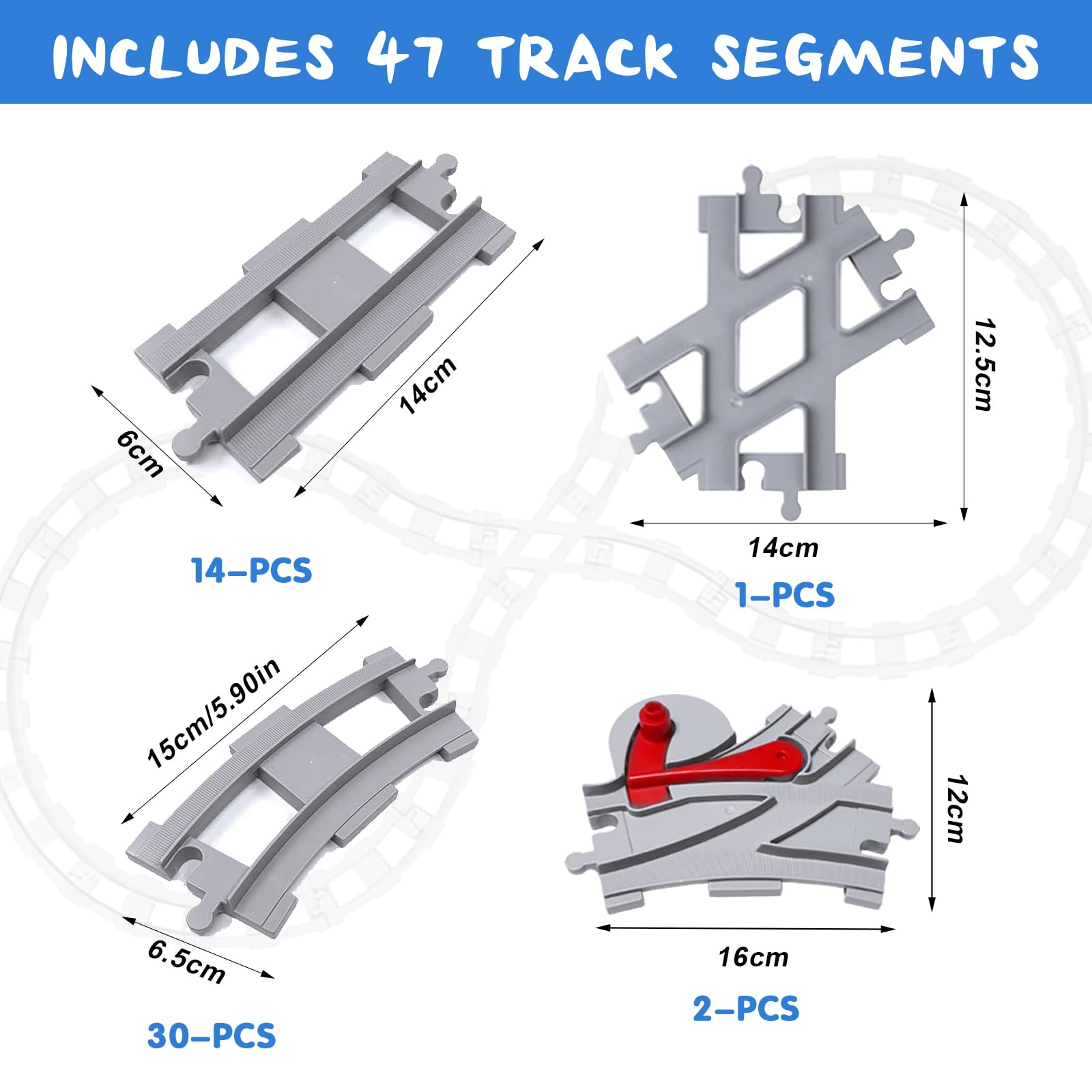 Set di 47 binari per treno, set di binari per ferrovie, compatibili con il leader di mercato, cambiare orbita, diritta, curva, binari per ferrovie, giocattoli per bambini (47 pezzi)