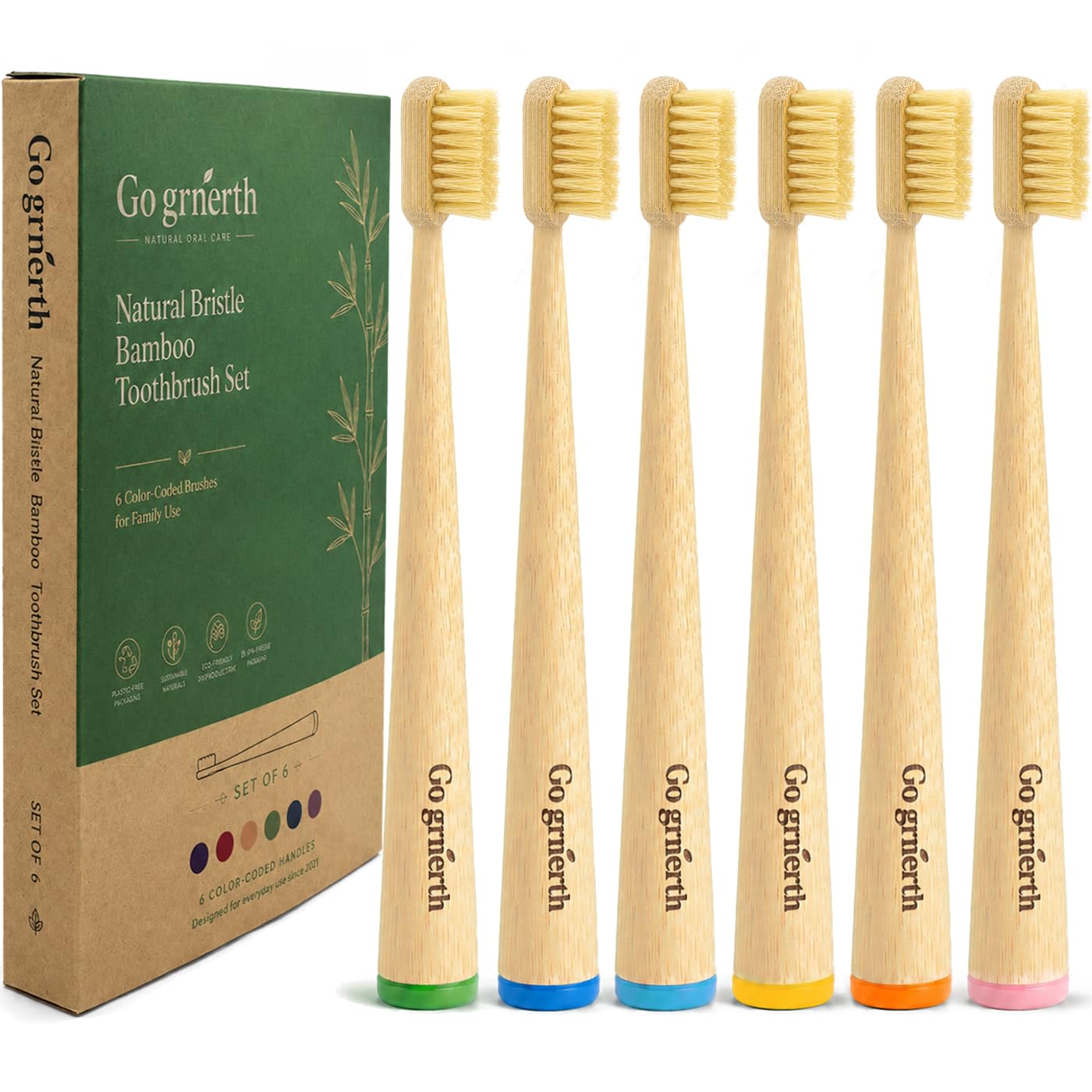 Cepillo de dientes de cerdas de jabalí natural, mango de bambú, sin nailon, manual, para adultos y familia, paquete de 6 (mediano)