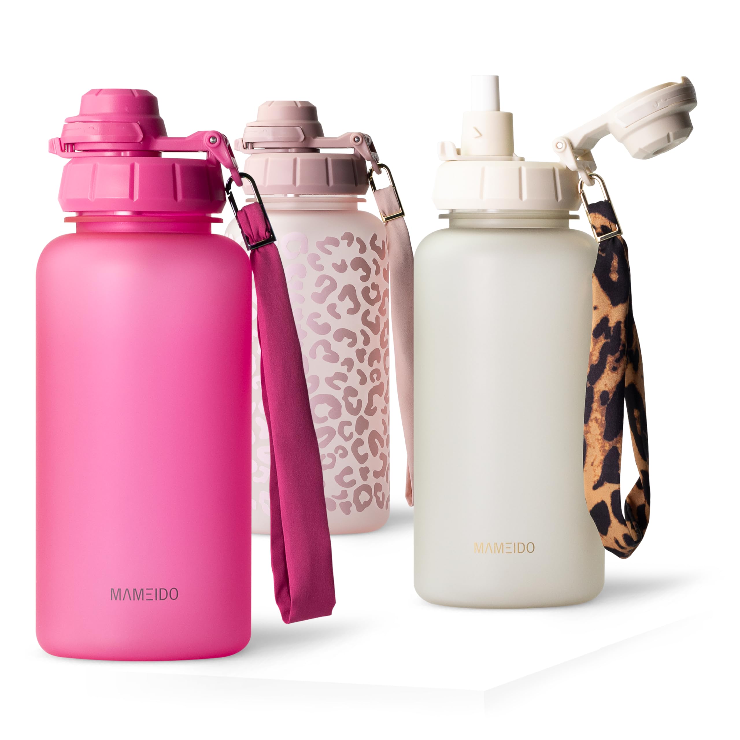 MAMEIDO Trinkflasche mit Strohhalm & Zeitmarkierung als Trinkerinnerung 1 l, Wasserflasche auslaufsicher, Sportflasche BPA-frei, Gym Water Bottle, Flasche aus Tritan (Glow Couture)