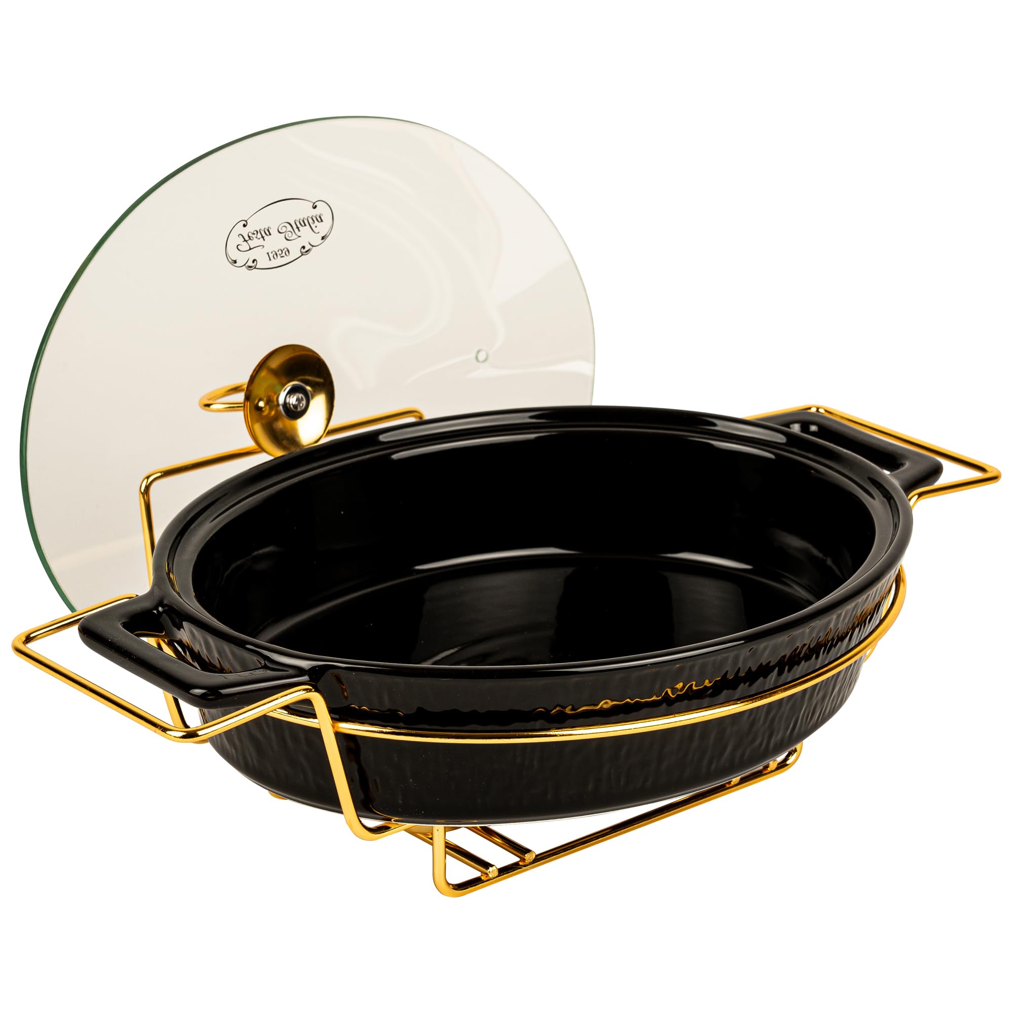 Auflaufform Keramik mit Deckel - 2.5L - Lasagne Oval Form Groß - Schwarz Auflaufformen mit Ständer Tealight - Ofenform - Backform - Lasagneform - Casserole Dish - Großkeramik