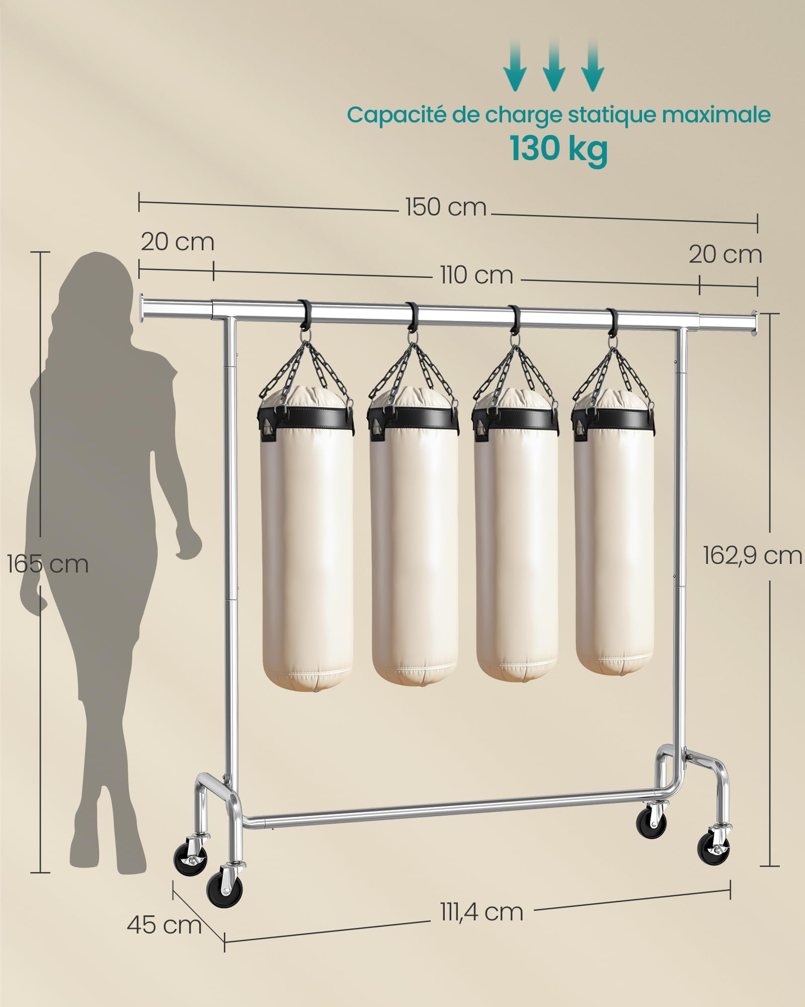 SONGMICS Portant à Vêtements avec Roulettes, Tringle Extensible pour Charge Lourde, Capacité de Charge 130 kg, 45 x (110-150) x 162,9 cm, Porte-manteau, en Métal, Chromé, Argent HSR11S