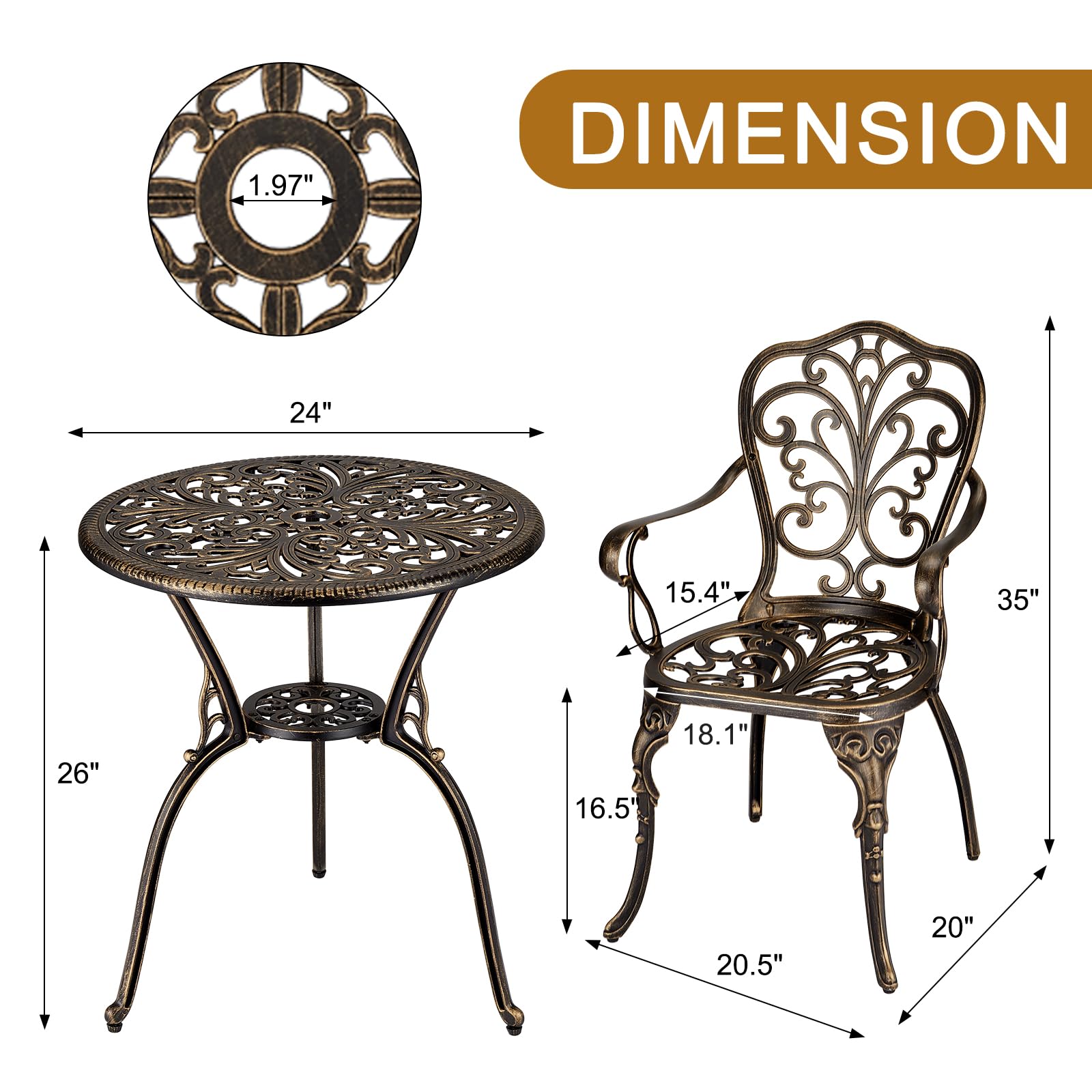 3-teiliges Bistro-Set aus Aluminium-Druckguss – Tisch mit Sonnenschirm-Portal – 2 Stühle wetterfest – ideal für Garten, Terrasse, Balkon, Pool – Farbe Bronze