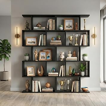DIYART 5-Tier Geometric Bookcase Set of 2, 62.6" Tall S-Shaped Bookshelf & Room Divider, Modern Black Freestanding Display Shelving Unit for Living Room, Hallway, Home Office
