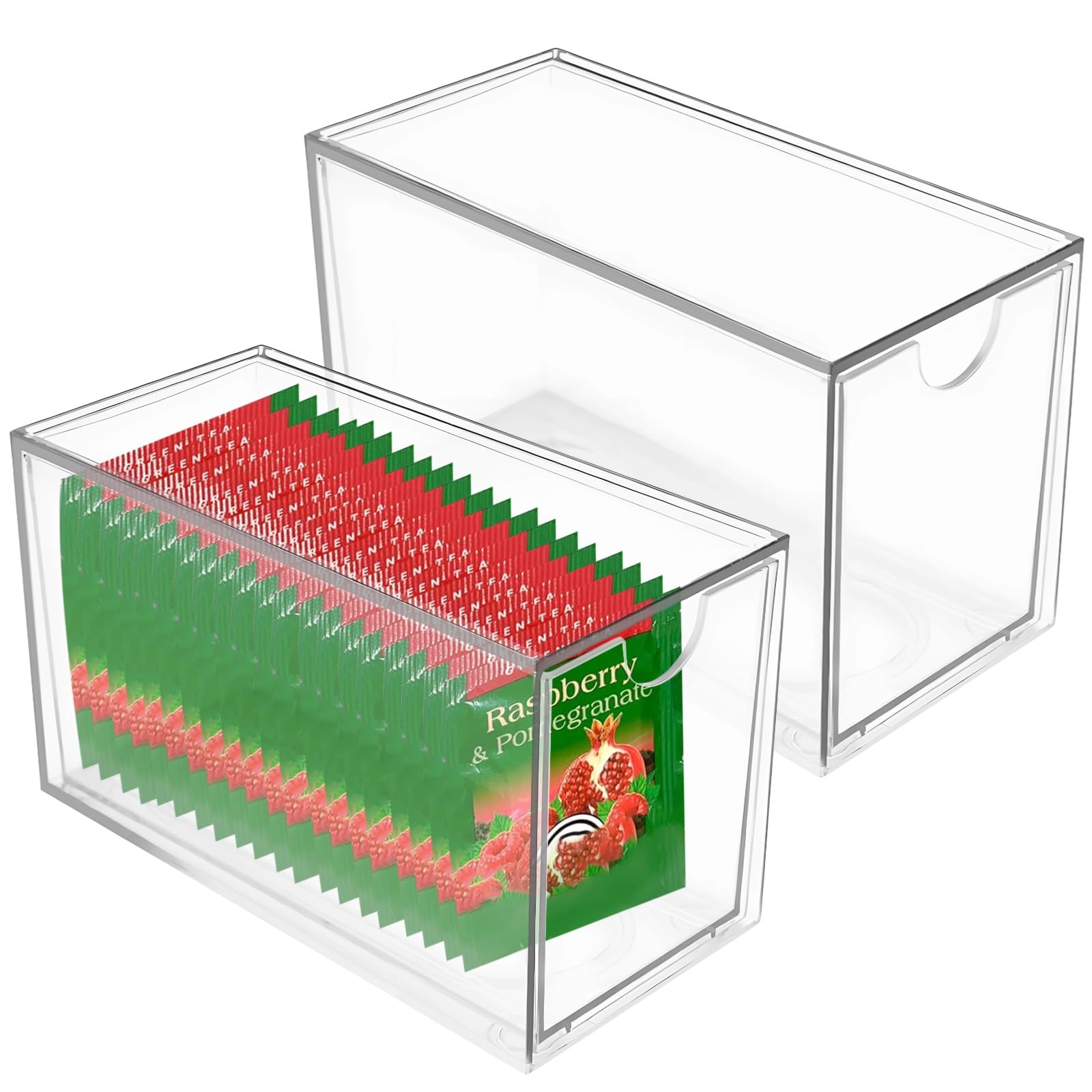 Packool Transparent Stackable Plastic Organizer Box With Pull-Out Design, Tea Bag Holder Container For Office, Multi-Purpose Storage Box, 6.5 X 3.9 X 3 Inches, 2 Pcs Clear Tea Bag Storage Drawers