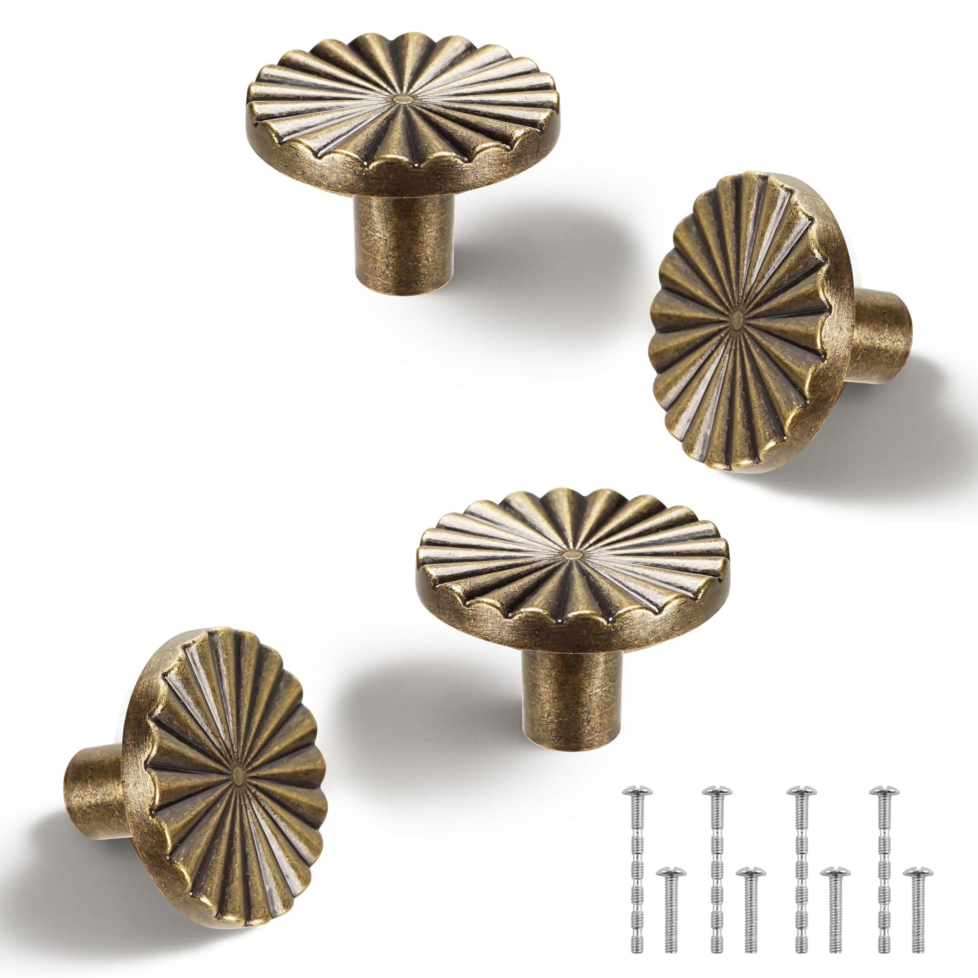 4 Pack Antique Brass Cabinet Knobs – Brass Cupboard Handles for Drawers & Wardrobes, Brass Door Knob Set for Kitchen Cabinets, Dresser, Wardrobe Doors, Vintage Drawer Knobs Zinc Alloy Handles