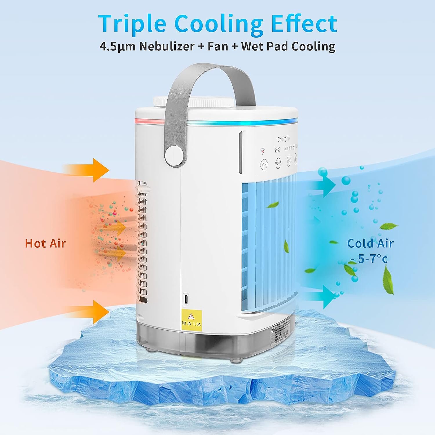 Portable Air Conditioner Cooler Fan - USB Personal Mini Ac 4 Speed with 7 Colors LED Light, Handle Desktop Air Cooling Evaporative Humidifier Fan for Small Room/Office/Camping/Bedroom [No Battery]
