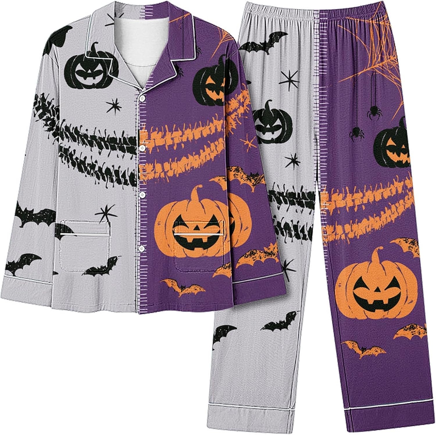 Halloween Pajamas for Women Cute Ghost Pumpkin Print Pjs Set 2Pc Sleepwear | Long Sleeve Shirt Loose Pants, Ghost Pumpkin Print Sleepwear, Bridal Wedding Party Pajamas Gifts, Comfy 2 Piece Loungewear