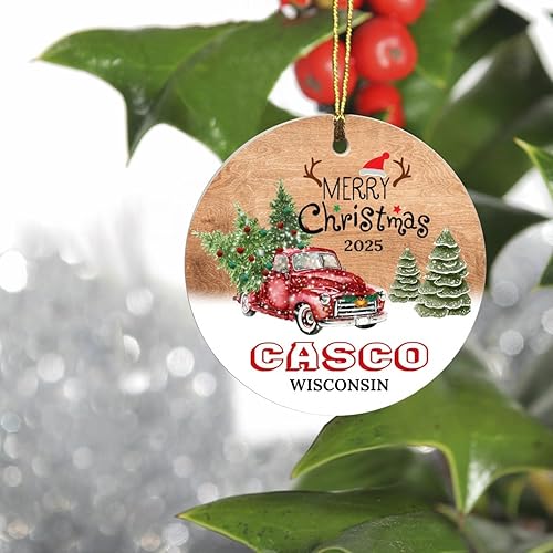 Christmas Tree Ornaments 2025 - Casco Wisconsin Ornament Hometown Custom City State - Keepsake Gift Ideas Casco WI Ornament 3" for Friend and
