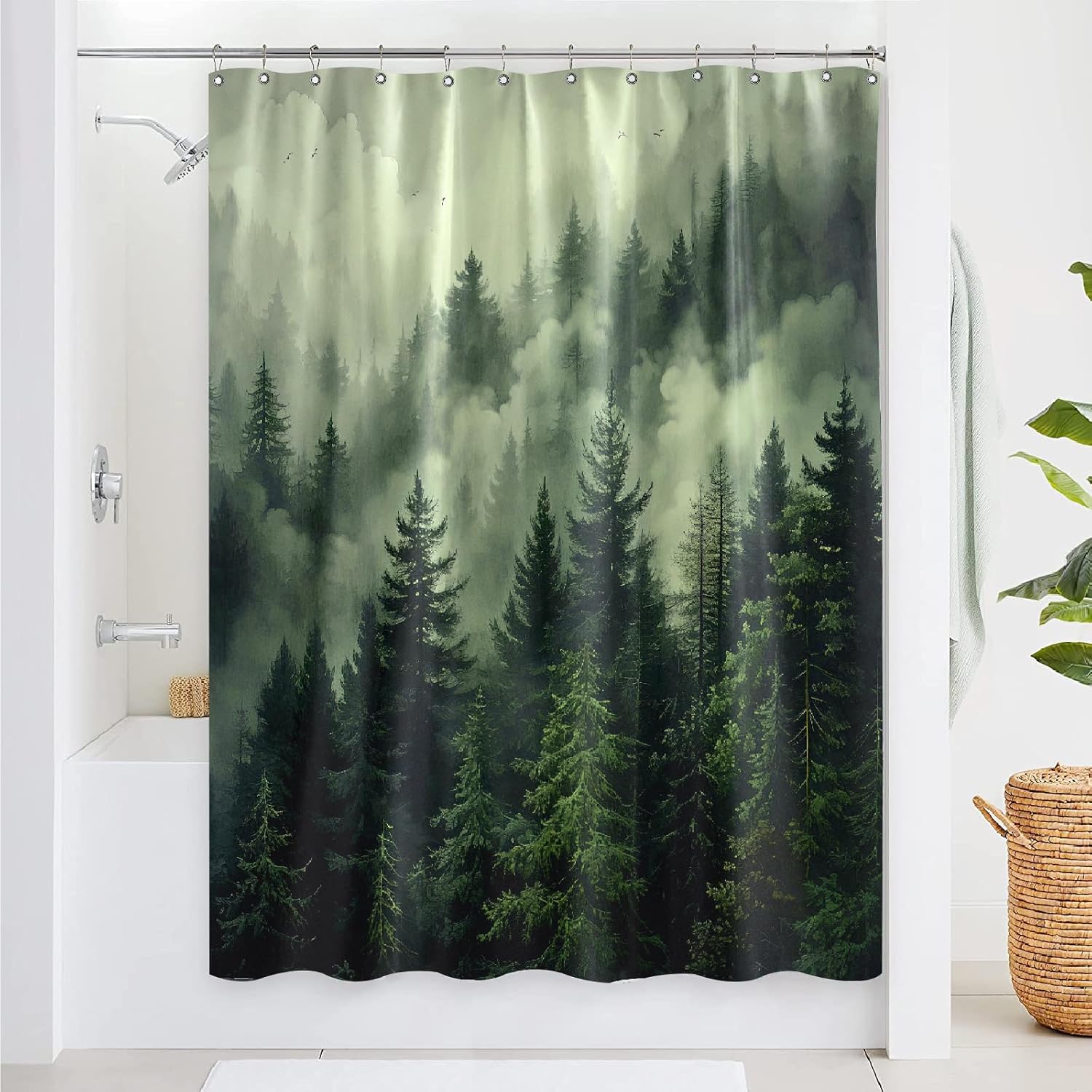 Masculine Landscape Pine Tree Shower Curtain 72Wx72H, Foggy