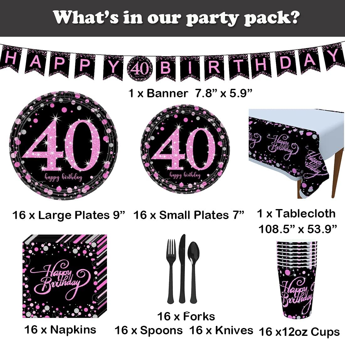 40th Birthday Party Supplies Set Serves 16 Guests(114 Pieces) for Women Disposable Tableware Kit Including 7”Plates,9”Plates, Banner, Cups, Napkins, Tablecloth, Spoons, Forks and Knives…