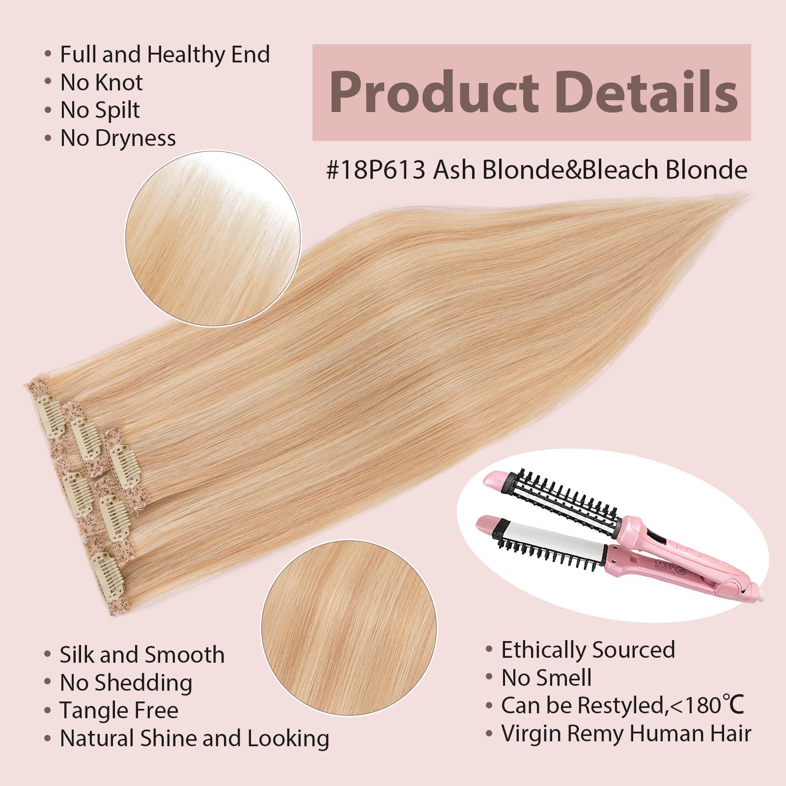 Silk-co Clip in Hair Extensions Real Human Hair Extension Double Weft With Lace Coverd Clip in Silky Straight Very Thin Highlight efffect for Women 6PCS 6Clip 10In #18P613 Ash Blonde&Bleach Blonde 31g - Image 4