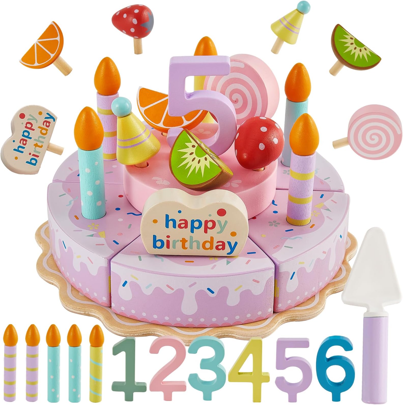 Wooden Birthday Cake Pretend Play Toy for Toddlers Girls, Cutting Food Toys Afternoon Tea Set Gifts for 3 4 5 Years Old Kids Childrens