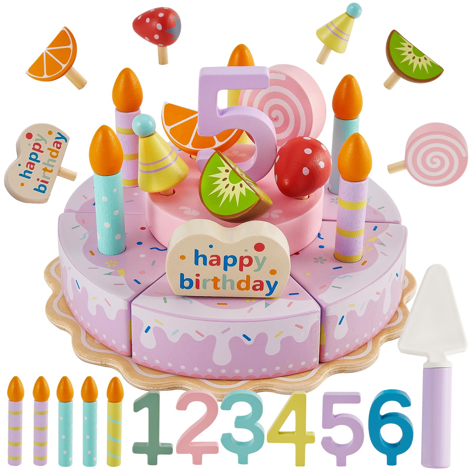 Wooden Birthday Cake Pretend Play Toy for Toddlers Girls, Cutting Food Toys Afternoon Tea Set Gifts for 3 4 5 Years Old Kids Childrens