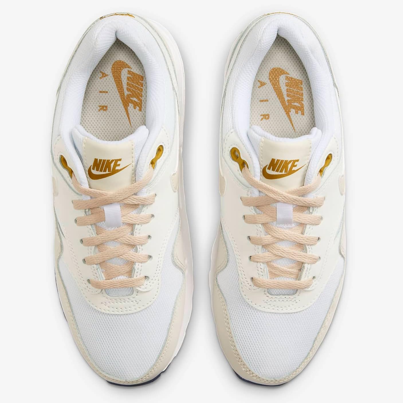 NIKE Air Max 1 Big Kids' Shoes (DZ3307-103, White/Bronzine/Barely Volt/Light Orewood Brown) Size 5