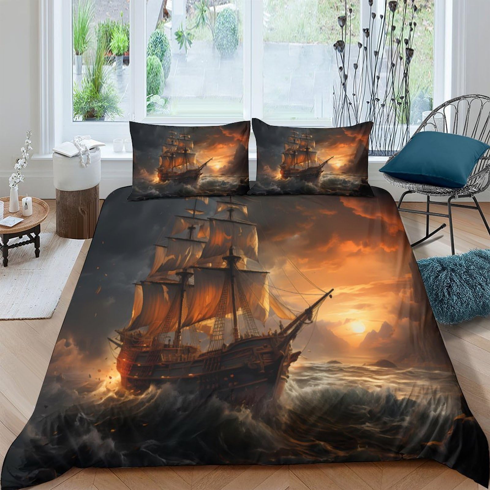 Ctjqhvkz Style-8 3D Printed Pirate Ship Ocean Fitted Sheet Microfiber Soft Breathable Sunset Sail Bed Cover For Bedroom Dorm Decor Single（135X200cm）