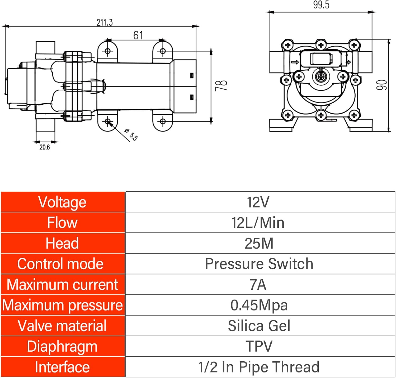 IMOR 12V 100W Diaphragm Water Pump, 3GPM 65PSI Self-Priming Booster Pump with Hose Connector & Strainer, 1/2" Compact Pump for Agriculture, Garden, RV, Marine, Car Wash, Industry