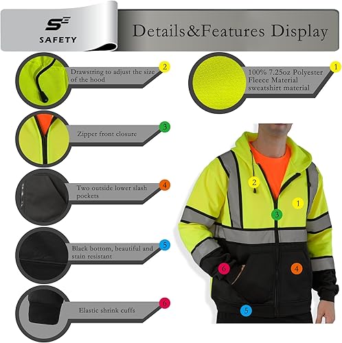 Miniatura 67 de sesafety Sudadera de seguridad de alta visibilidad para hombre, sudadera con capucha reflectante con cremallera clase 3, sudadera con capucha