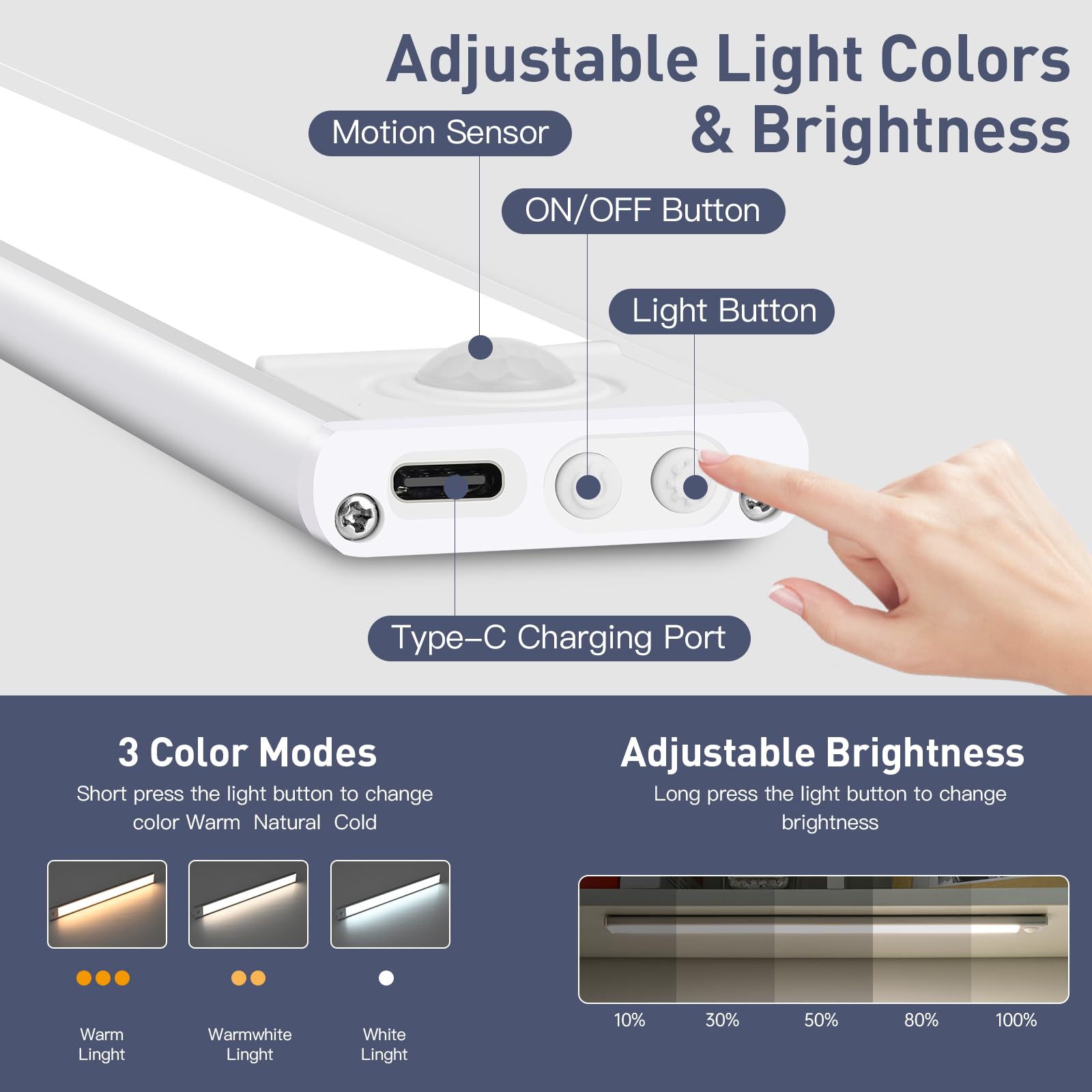 HBYPRO Under Cabinet Lighting for Kitchen 40 LED Rechargeable 3 Color Temperatures Motion Sensor Lights Indoor, Dimmable Closet Lights Wireless Under Counter Night Lights for Bedrooms Stairs 8 inch