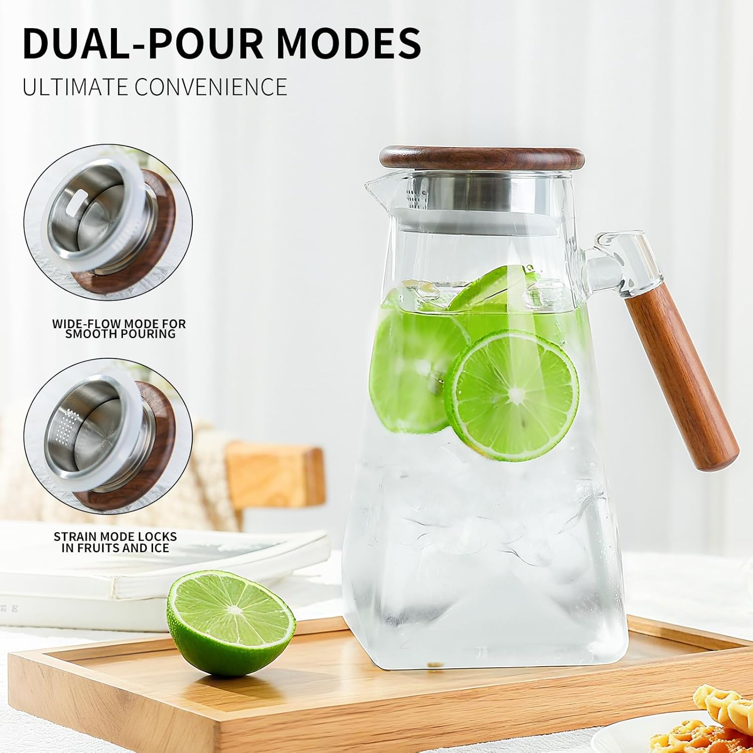 1.8 Liter 60 oz Glass Pitcher with Wooden Lid & Handle - Heat-Resistant Borosilicate Jug with Trident Star Design, Perfect for Iced Tea, Lemonade, Cold Brew & Party Drinks (Clear, 60 oz) - Image 6