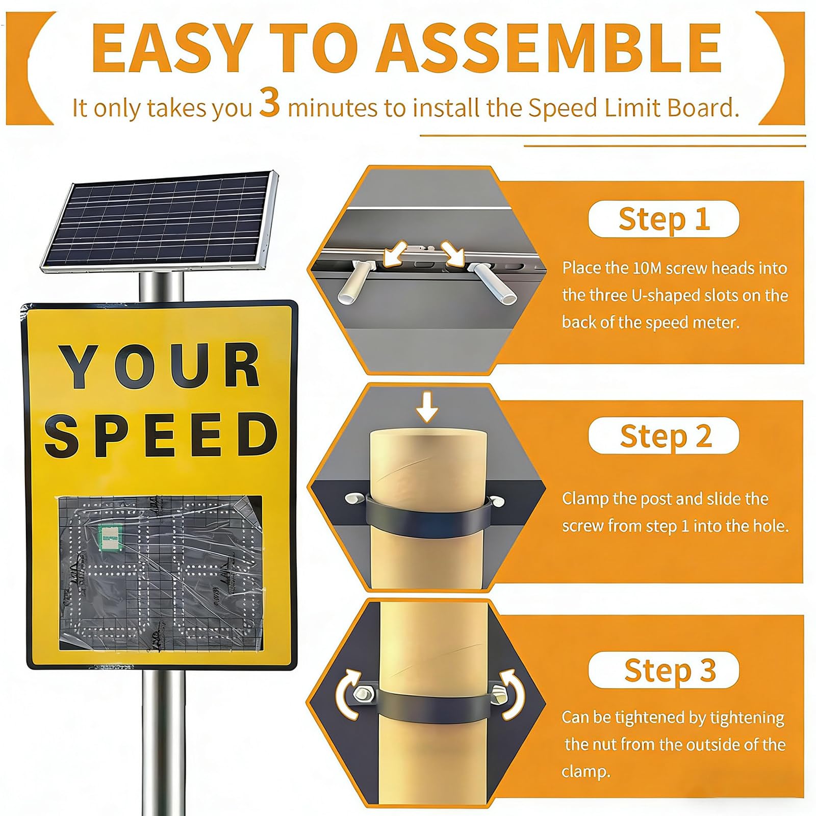 Señal de límite de Velocidad con Radar Solar Yellow | panel de advertencia, pantalla de velocidad de 2 dígitos