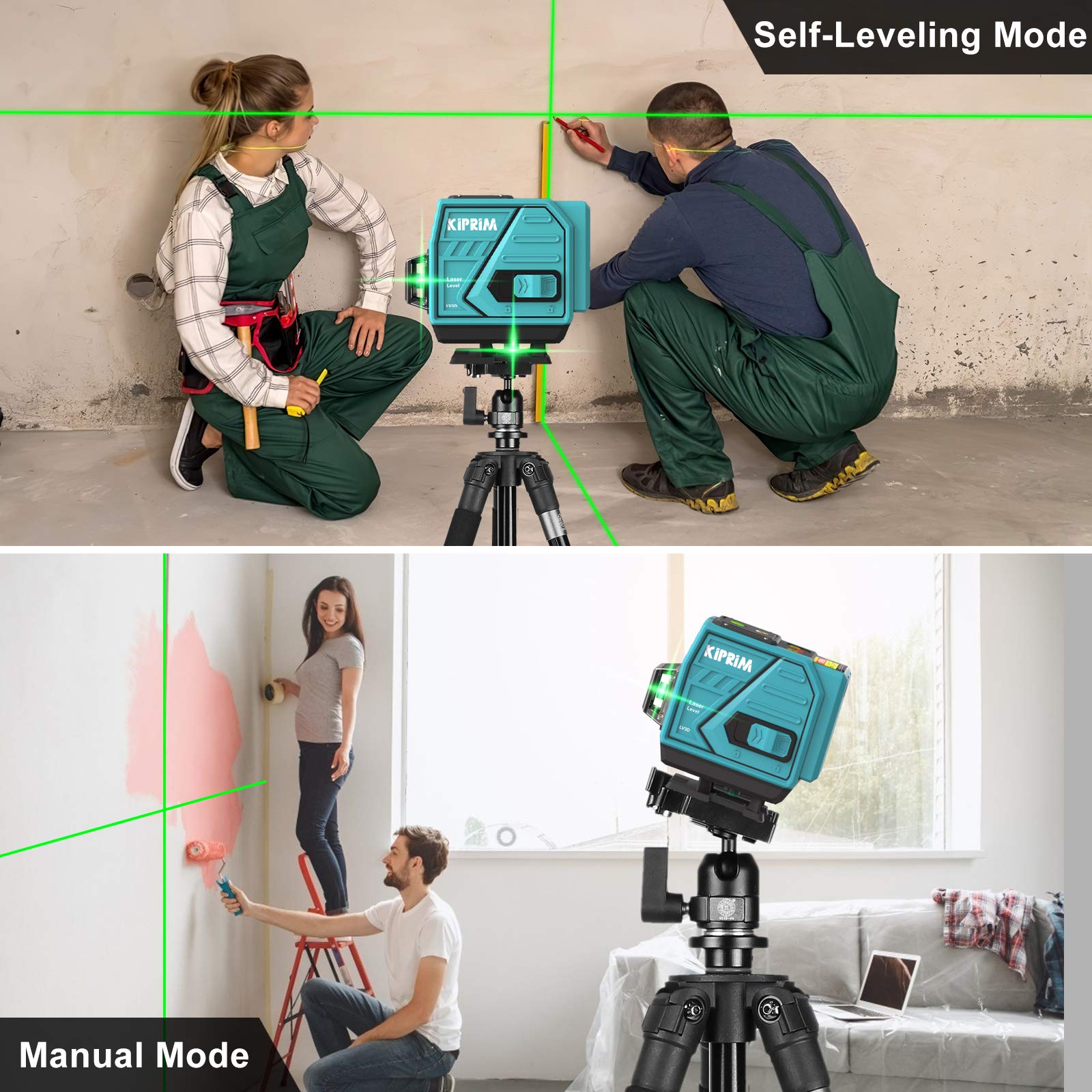 Kiprim Poziomica Laserowa Zielona 3x360° 12 Linii 40M Samopoziomujący Laser Krzyżowy Z 3 Trybami Magnetycznego Montażu ściennego 360° Obrotowa Podstawa Zdalne Sterowanie LV3D Platforma Podnosząca