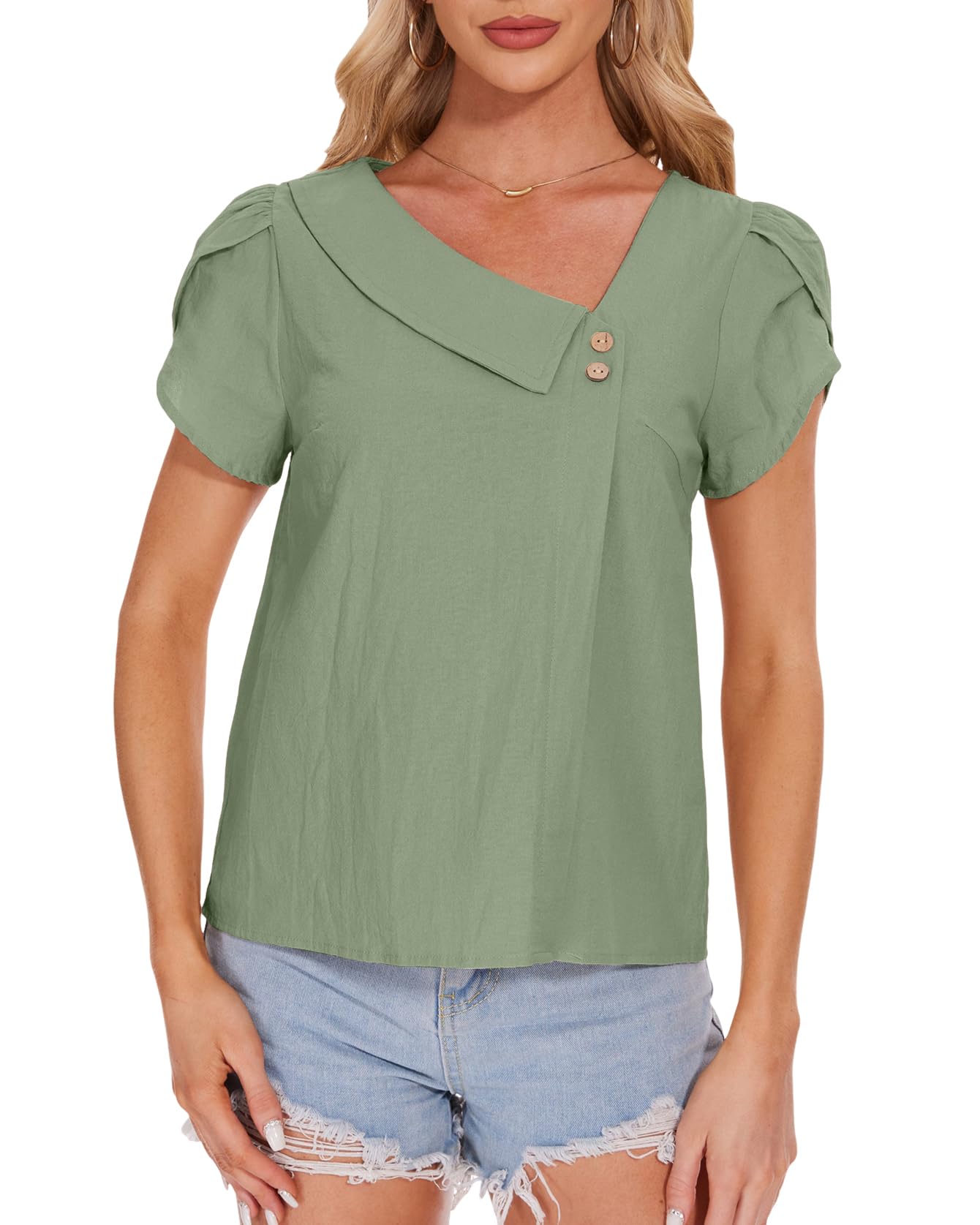 Atxnn Blusa Mujer de Algodón Camiseta con Cuello en V Inclinado Camisa de Manga Corta Pétalo Tops Elegantes de Verano