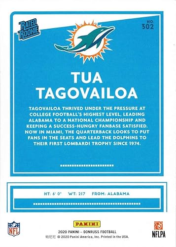 Miniatura 2 de 2020 Panini Donruss #302 Tua Tagovailoa Rookie Card - Rated Rookie