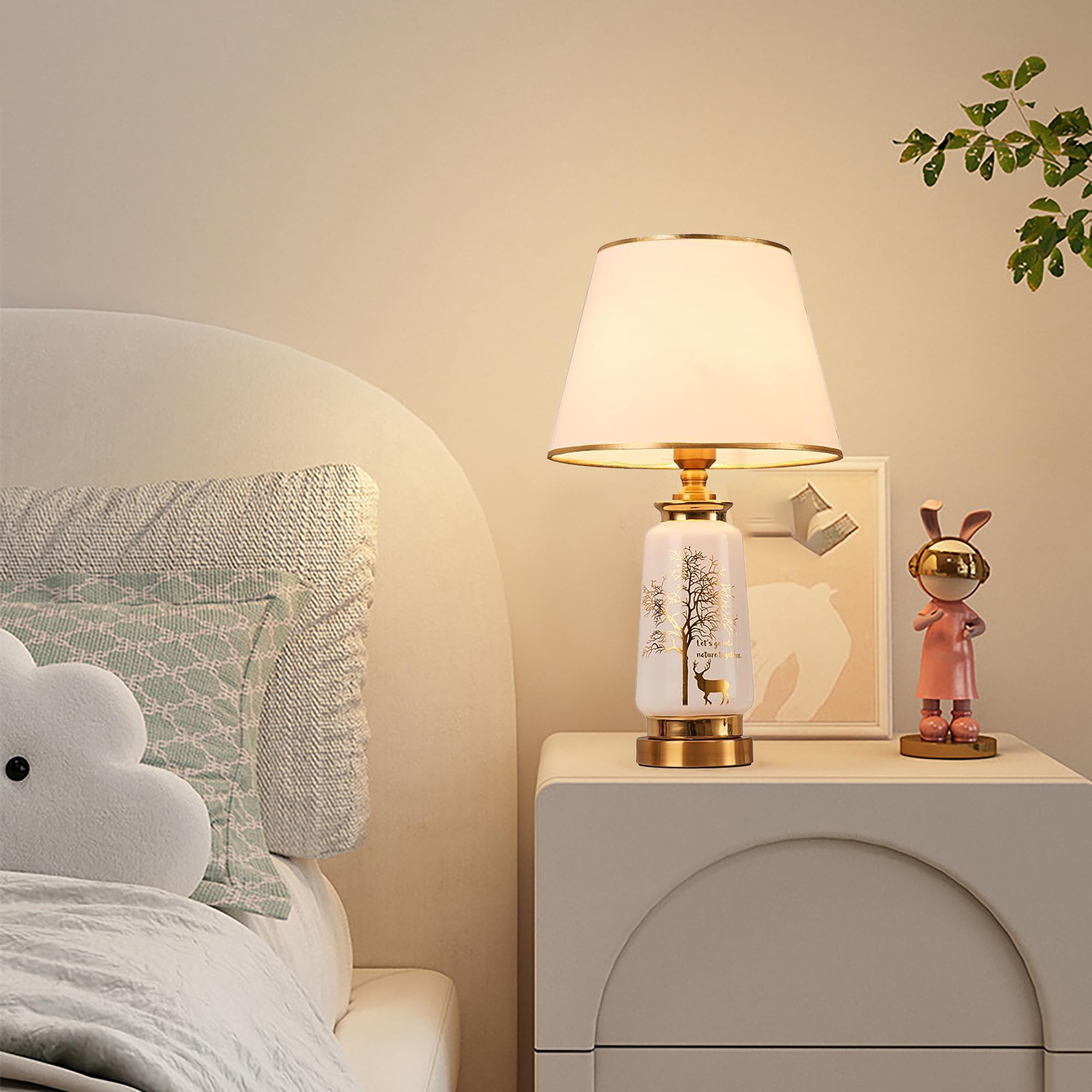 XINYASEE Lampe de table en céramique peinte, lampe de chevet rétro avec abat-jour en tissu,lampe de bureau, llampe à poser pour la chambre à coucher et le salon E27 (Blanc)