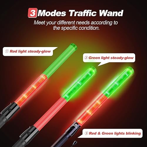 Miniatura 4 de RoadHero Paquete de 2 varitas de tráfico de 21 pulgadas, bastón de control de tráfico LED rojo y verde, varita de luz de seguridad con 3 modos de