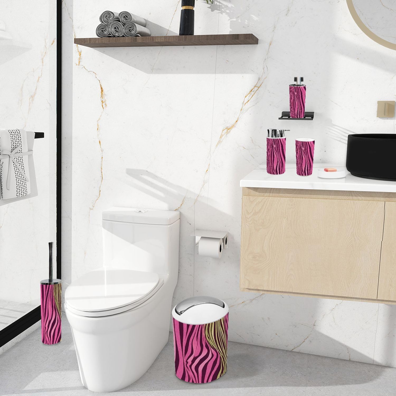 Bathroom Accessory Set 6 Piece Trendy Pink Zebra Trash can, Toothbrush Holder, Soap Dispenser, Soap Dish, Toothbrush Cup, Toilet Brush Holder
