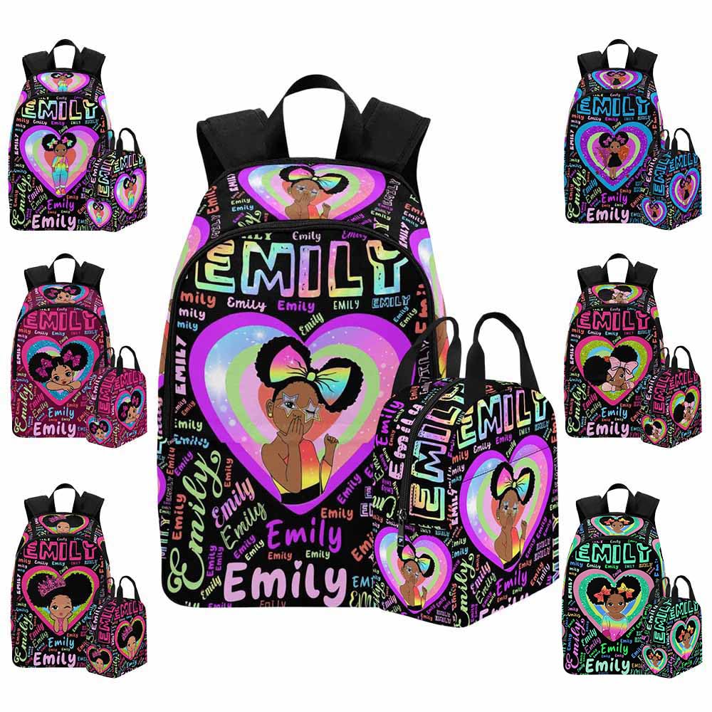 Custom Kids Backpack with Lunch Bag Box for Girls Love Heart Rainbow Sparkle Name Children Casual Daypack Backpacks Personalized with Kid's Name