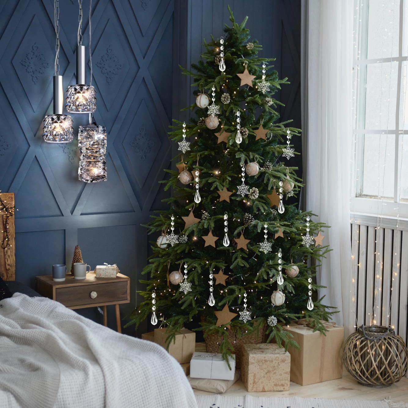 YUJUN 38 Stück Weihnachtsbaum-Kristall-Dekorationen, Winter-Schneeflocken, Weihnachts-Eiszapfen, Ornamente, hängende Kronleuchter-Anhänger, Perlen für Weihnachten, Winter, Neujahr, Hochzeit