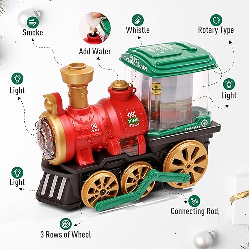 Miniatura 3 de Juguete eléctrico de tren de vapor para niños pequeños de 3 a 5 años, camión Bump and Go con locomotora de vapor, humo, luz y sonido, rotación de