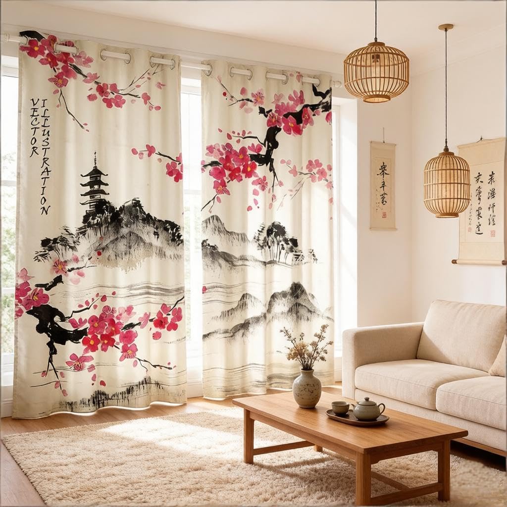 Loussiesd Tende per Finestre con Fiori di Ciliegio Stile Giapponese Acquerello Vintage