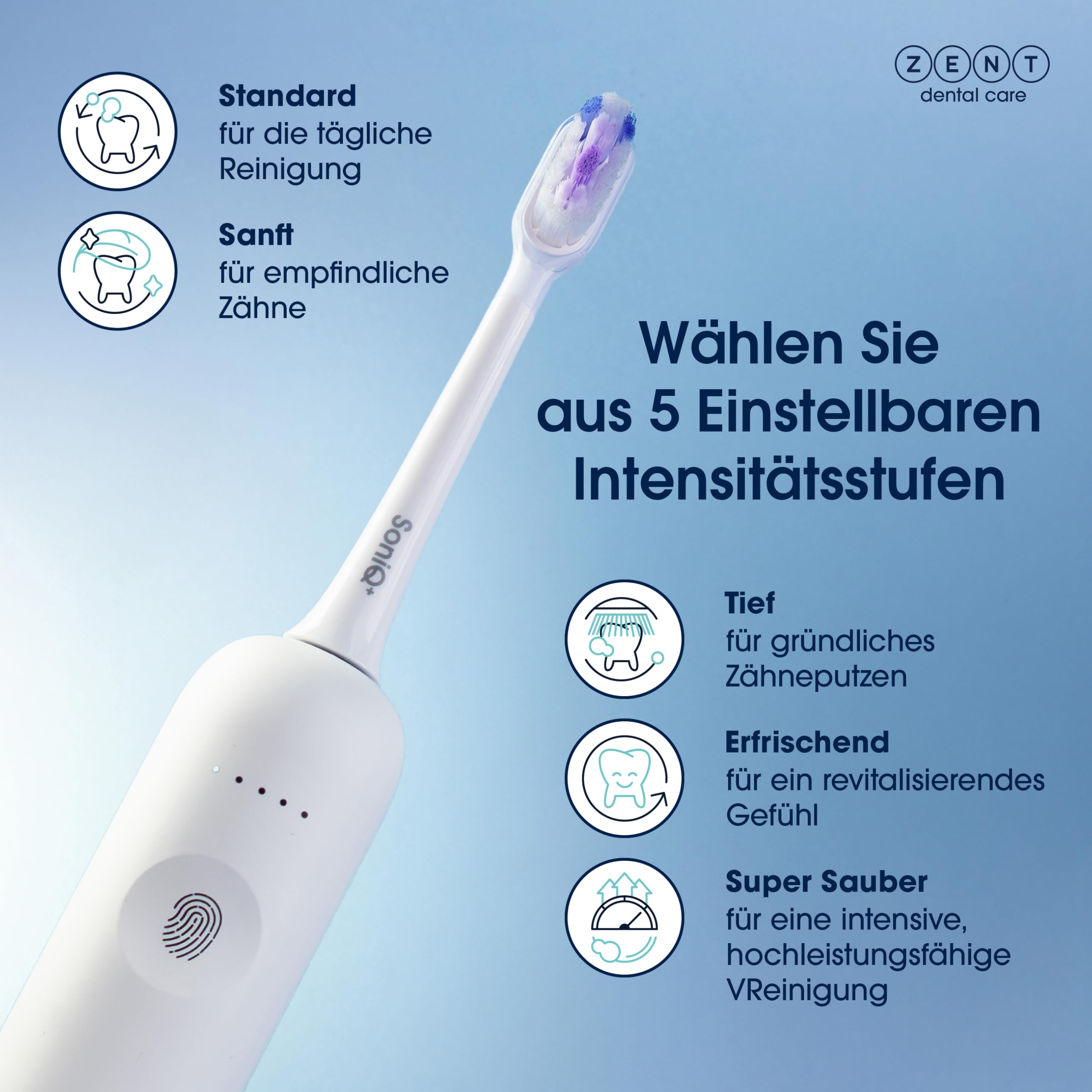 ZENT SoniQ+ Schallzahnbürste 2in1 für empfindliche Zähne Weiß | Die Zahnbürste bietet 60°-Rotationsbewegung, 5 Reinigungsmodi, IPX7 Wasserdichtigkeit und Induktionsladegerät